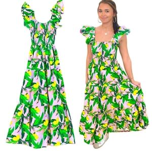 Pink Lemon-Print Maxi Dress with Ruffled Shoulders